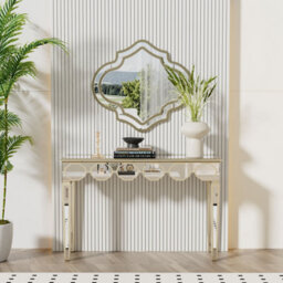 Artloge 120Cm Glass Mirrored Console Table Glass Mirror Entryway Desk With Light Golden Edge Frame - thumbnail 7