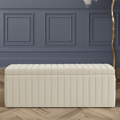 150Cm Wide Lux Ottoman Storage Box, Cream Velvet Upholstered Full Striped Storage Ottoman Box - image 1