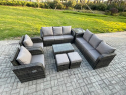 Fimous Rattan Outdoor Garden Furniture Sofa Set Patio Table & Chairs Set With 3 Seater Sofa Chair Side Table 2 Small Footstools - thumbnail 2