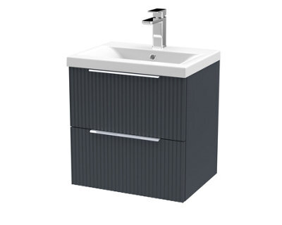 Hudson Reed Fluted Wall Hung 2-Drawer Vanity And Mid-Edge Basin, Contemporary Sink Vanity Unit, Soft Black, 500mm - image 1