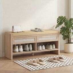 Homcom Shoe Bench With 2 Rattan Drawers Cushion Oak Wood Effect - thumbnail 8