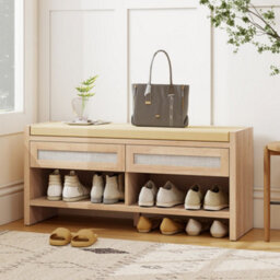 Homcom Shoe Bench With 2 Rattan Drawers Cushion Oak Wood Effect