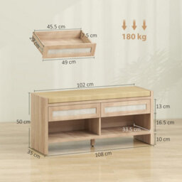Homcom Shoe Bench With 2 Rattan Drawers Cushion Oak Wood Effect - thumbnail 3