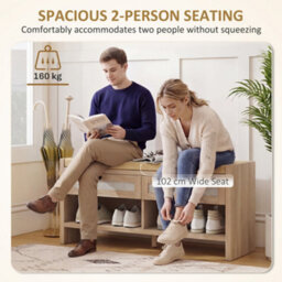Homcom Shoe Bench With 2 Rattan Drawers Cushion Oak Wood Effect - thumbnail 6