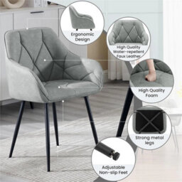 1X Grey Faux Leather Dining Chairs Padded Seat Metal Legs Kitchen Home - thumbnail 2