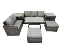 Fimous 7 Seater Garden Outdoor Rattan Furniture Set Rattan Sofa Oblong Dining Table With 2 Side Tables 2 Big Stools Dark Grey - thumbnail 2