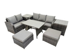 Fimous 7 Seater Garden Outdoor Rattan Furniture Set Rattan Sofa Oblong Dining Table With 2 Side Tables 2 Big Stools Dark Grey - thumbnail 1