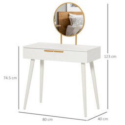 Homcom Modern Dressing Table W/ 2 Drawers Round Mirror For Bedroom White - thumbnail 3