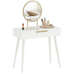 Homcom Modern Dressing Table W/ 2 Drawers Round Mirror For Bedroom White - thumbnail 2