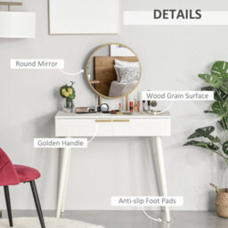 Homcom Modern Dressing Table W/ 2 Drawers Round Mirror For Bedroom White - thumbnail 4