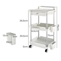 Levede 3 Tier Kitchen Trolley Cart White Metal Rolling Storage Rack Island - thumbnail 4