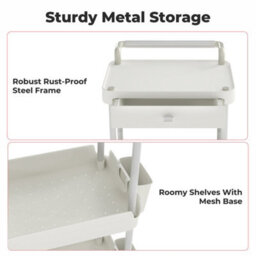 Levede 3 Tier Kitchen Trolley Cart White Metal Rolling Storage Rack Island - thumbnail 7