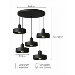 Luminosa Lighting Luminosa Velyo Cluster Pendant Ceiling Light Black 5X E27 - thumbnail 5