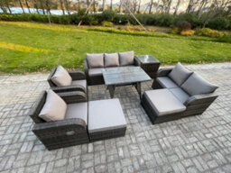 Fimous Outdoor Rattan Garden Furniture Set 9 Seater Patio Lounge Sofa Set With Dining Table 2 Big Footstool Side Table - thumbnail 1