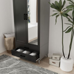 Urbn-Living Urbnliving 180Cm Height Grey Wardrobe With Mirror Black 2 Door 2 Drawer Bedroom Clothes Storage Hanging Rail - thumbnail 4