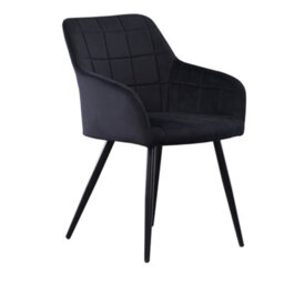 Life Interiors Single Black Camden Modern Velvet Dining Chair With Armrests, Quilted Design & Black Metal Legs