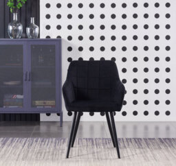 Life Interiors Single Black Camden Modern Velvet Dining Chair With Armrests, Quilted Design & Black Metal Legs - thumbnail 2