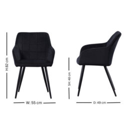 Life Interiors Single Black Camden Modern Velvet Dining Chair With Armrests, Quilted Design & Black Metal Legs - thumbnail 7