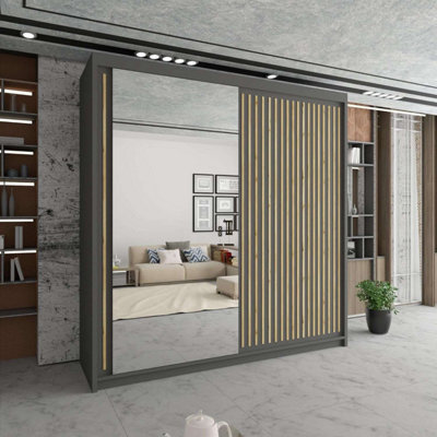 Sliding Wardrobes 4 u LTD Modern Grooved Sliding Mirror Wardrobe With Led Light Grey/oak 150Cm - image 1