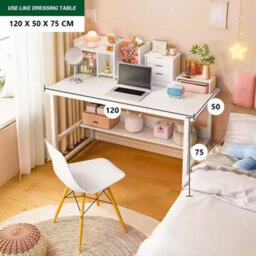 120 Cm White & White Home Office Desk Computer Desk With Shelf Desk - thumbnail 2