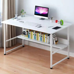 120 Cm White & White Home Office Desk Computer Desk With Shelf Desk - thumbnail 1