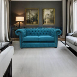Chesterfield 2 Seater Cantare Teal Blue Fabric Easy Clean Sofa In Classic Style - thumbnail 2