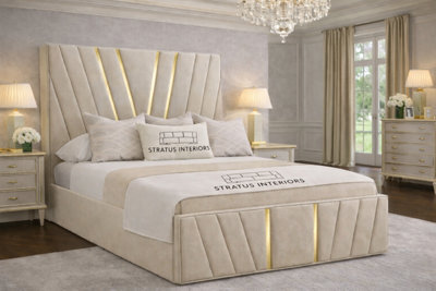 "Stratus Interiors Victor Gold Accent Upholstered Velvet Bed Frame - Double 4.6Ft (82"") With Slatted Base - Cream" - image 1