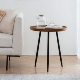 Mh London Chervey Walnut Round Side Table Solid Mango Wood End Table With Black Metal Tri-Pin Legs Large