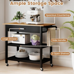Gainoom Kitchen Black Island 3-Tier Rolling Utility Cart With 2 Open Shelves And Lockable Casters - thumbnail 7