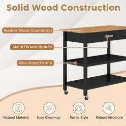 Gainoom Kitchen Black Island 3-Tier Rolling Utility Cart With 2 Open Shelves And Lockable Casters - thumbnail 8