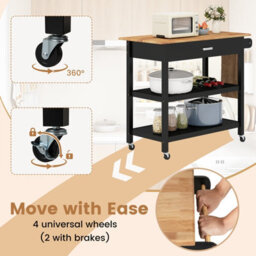 Gainoom Kitchen Black Island 3-Tier Rolling Utility Cart With 2 Open Shelves And Lockable Casters - thumbnail 9