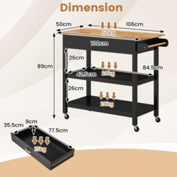 Gainoom Kitchen Black Island 3-Tier Rolling Utility Cart With 2 Open Shelves And Lockable Casters - thumbnail 2