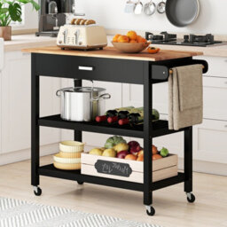 Gainoom Kitchen Black Island 3-Tier Rolling Utility Cart With 2 Open Shelves And Lockable Casters - thumbnail 3