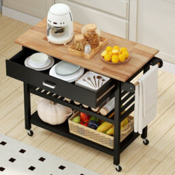 Gainoom Kitchen Black Island 3-Tier Rolling Utility Cart With 2 Open Shelves And Lockable Casters - thumbnail 4