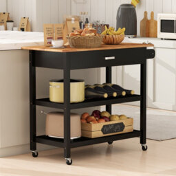 Gainoom Kitchen Black Island 3-Tier Rolling Utility Cart With 2 Open Shelves And Lockable Casters - thumbnail 5