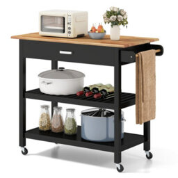Gainoom Kitchen Black Island 3-Tier Rolling Utility Cart With 2 Open Shelves And Lockable Casters