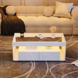 Abrihome White High Gloss Coffee Table With Led Lights & 2 Drawers - Open Storage, Glass Top Center Table 100X50X40Cm For Living Room - thumbnail 3