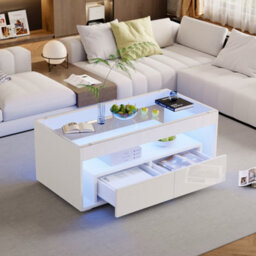 Abrihome White High Gloss Coffee Table With Led Lights & 2 Drawers - Open Storage, Glass Top Center Table 100X50X40Cm For Living Room - thumbnail 2