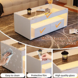 Abrihome White High Gloss Coffee Table With Led Lights & 2 Drawers - Open Storage, Glass Top Center Table 100X50X40Cm For Living Room - thumbnail 7