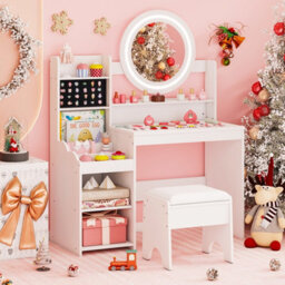Gainoom Kids White Vanity Desk With Mirror And Lights Princess Pretend Play Dressing Table Set Children Makeup Table Set - thumbnail 4