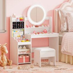 Gainoom Kids White Vanity Desk With Mirror And Lights Princess Pretend Play Dressing Table Set Children Makeup Table Set - thumbnail 5