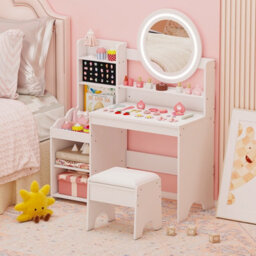 Gainoom Kids White Vanity Desk With Mirror And Lights Princess Pretend Play Dressing Table Set Children Makeup Table Set - thumbnail 3
