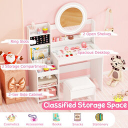 Gainoom Kids White Vanity Desk With Mirror And Lights Princess Pretend Play Dressing Table Set Children Makeup Table Set - thumbnail 7