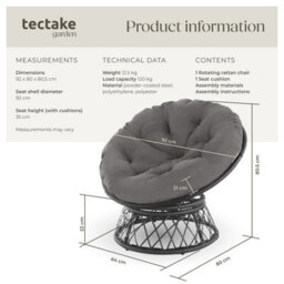 Tectake Garden Chair Gargano - Rotatable, Resilient Polyrattan, Comfortable Round Cushion,  - Black - 1 - thumbnail 6