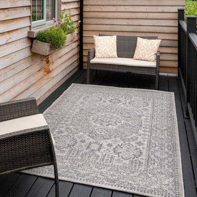 Loomed Grey Textured Woven Traditional Medallion Floral Border Easy Clean Indoor Outdoor Area Rug 200X290Cm - image 1