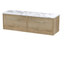 Hudson Reed Juno Wall Hung Double Soft Close Drawer Vanity Unit With Laminate Worktop In Autumn Oak Finish, 1200mm - thumbnail 1