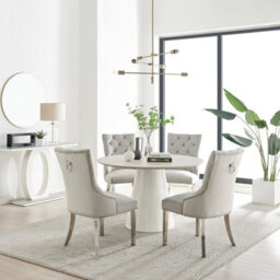 Furniturebox Uk Palma Beige Stone Effect Round Dining Table & 4 Grey Belgravia Chairs - thumbnail 1