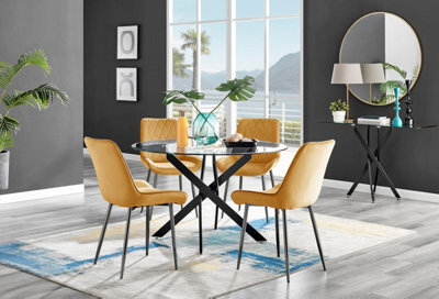 Furniturebox Uk Novara Black Leg 120Cm Round Glass Dining Table & 4 Mustard Pesaro Black Leg Chairs - image 1