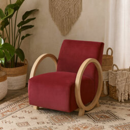 Wyld Haus Aracaju Plum Red Velvet Armchair With Oak Ring Arms