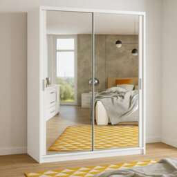 Bono Sz150 Wardrobe With Sliding Doors Mirrors Hanging Rail Shelves Modern Bedroom Storage White - thumbnail 1